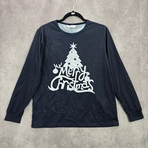 Cutematchy Navy Blue Merry Christmas Tree Print Y2K VTG Long Sleeve Top Medium